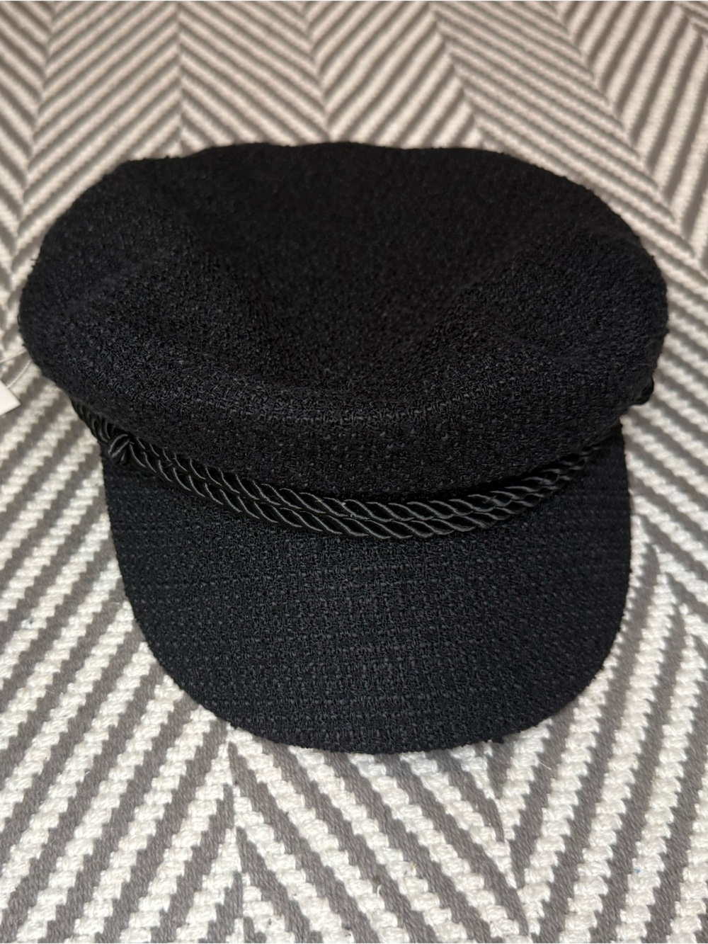 Trina Turk Black Boucle Sailor Hat with Twisted Rope Trim